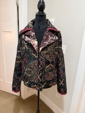 Free People Black Paisley Bomber Jacket with decorative piping details